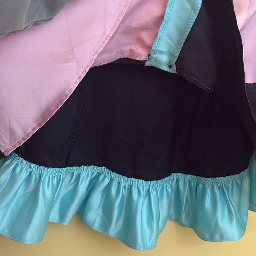 Gunne Sax Vintage Colorblock Black Pink Blue Strapless Alice In Wonderland Dress
